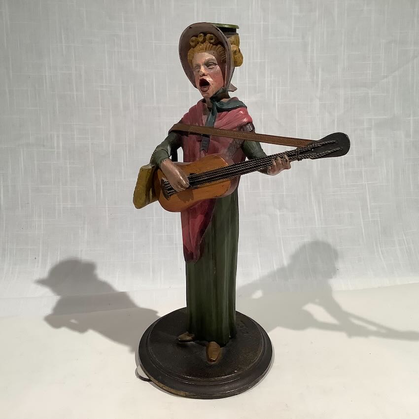 19th C. FIGURAL SPELTER CANDLESTICK SINGING WOMAN W/GUITAR SIGNED FRANCOIS GEORGE