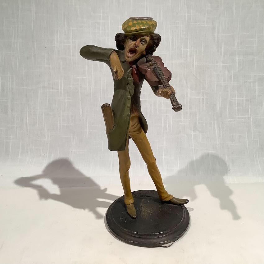19th CENTURY SINGING MAN W/ VIOLIN SPELTER CANDLESTICK SIGNED FRANCOIS GEORGE