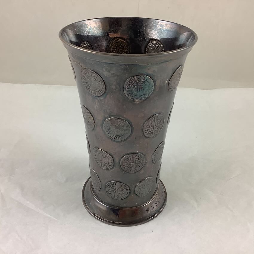 1880&rsquo;s JAMES HENNELL LONDON SILVER BEAKER: w/ 33 SILVER PENNIES Ca.1272-1307