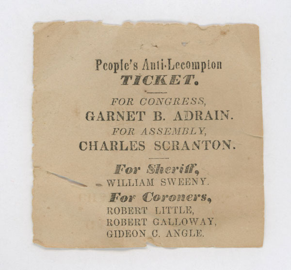 1858 People&rsquo;s Anti-LeCompton N.J. Political Campaign Ballot, Kansas Anti-Slavery